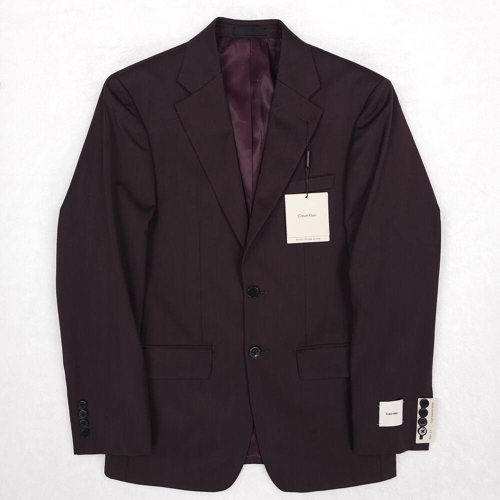 Calvin Klein Mens Slim Fit Suit Jacket 40L Burgundy Solid Stretch Wool Blend NWT